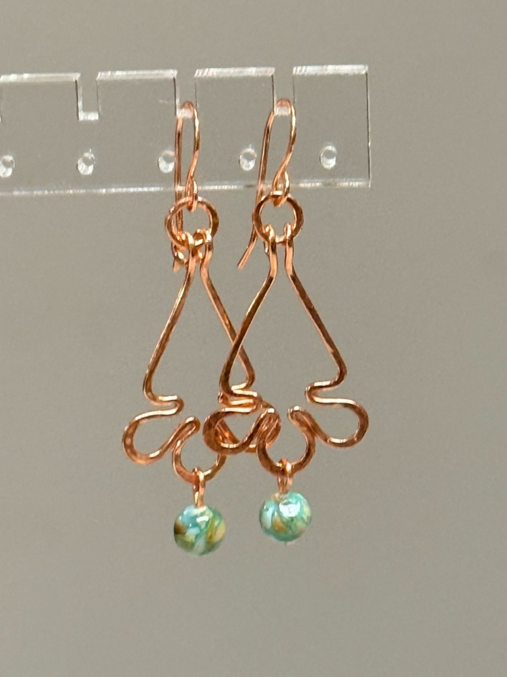 Artisan Copper Wire Chandelier Earrings with Green Shell Beads